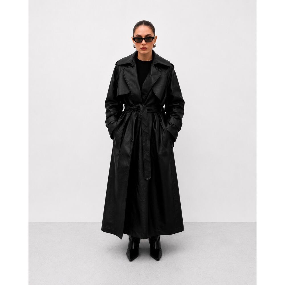 Black Faux Leather Trench Coat Women Long Belted Classic Jacket Stylish - Picture 1 of 12